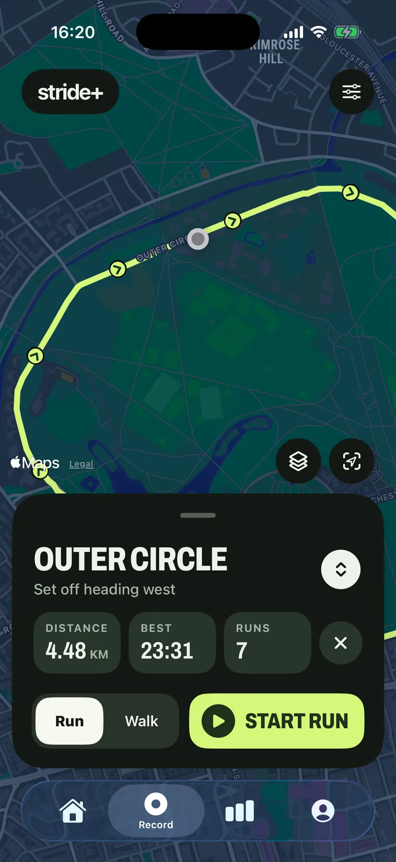 Record with the Outer Circle chosen: 4.48 km, best 23:31, 7 runs, and a Start run button.